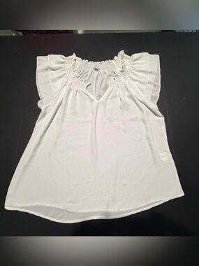 Soho White Smocked Neck Flutter Sleeve Top